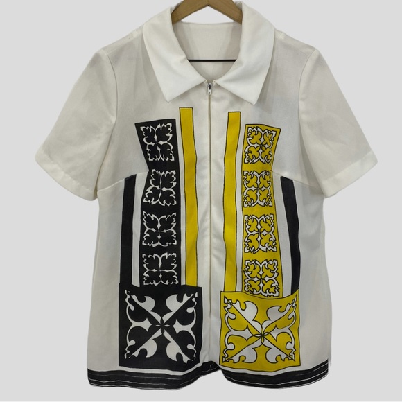 Vintage 70s White Black Yellow Geometric Print Zip Front Shirt - Picture 6 of 6